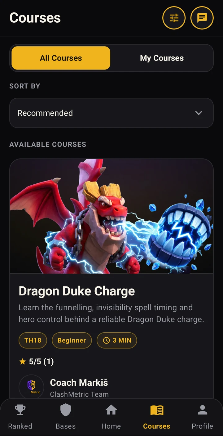 ClashMetric course discovery showing the Dragon Duke Charge course