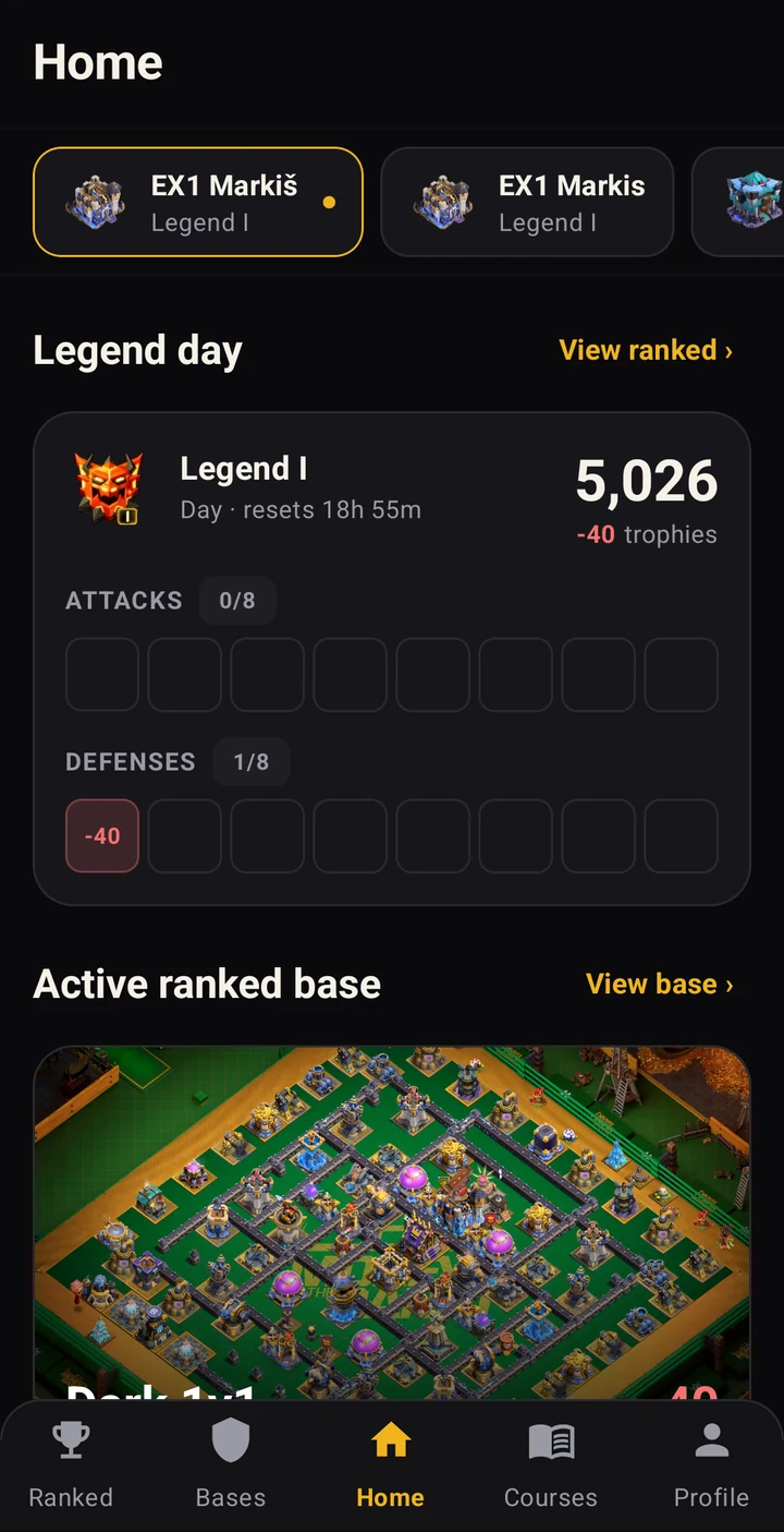 ClashMetric Home with linked villages, Legend day results, and the active ranked base